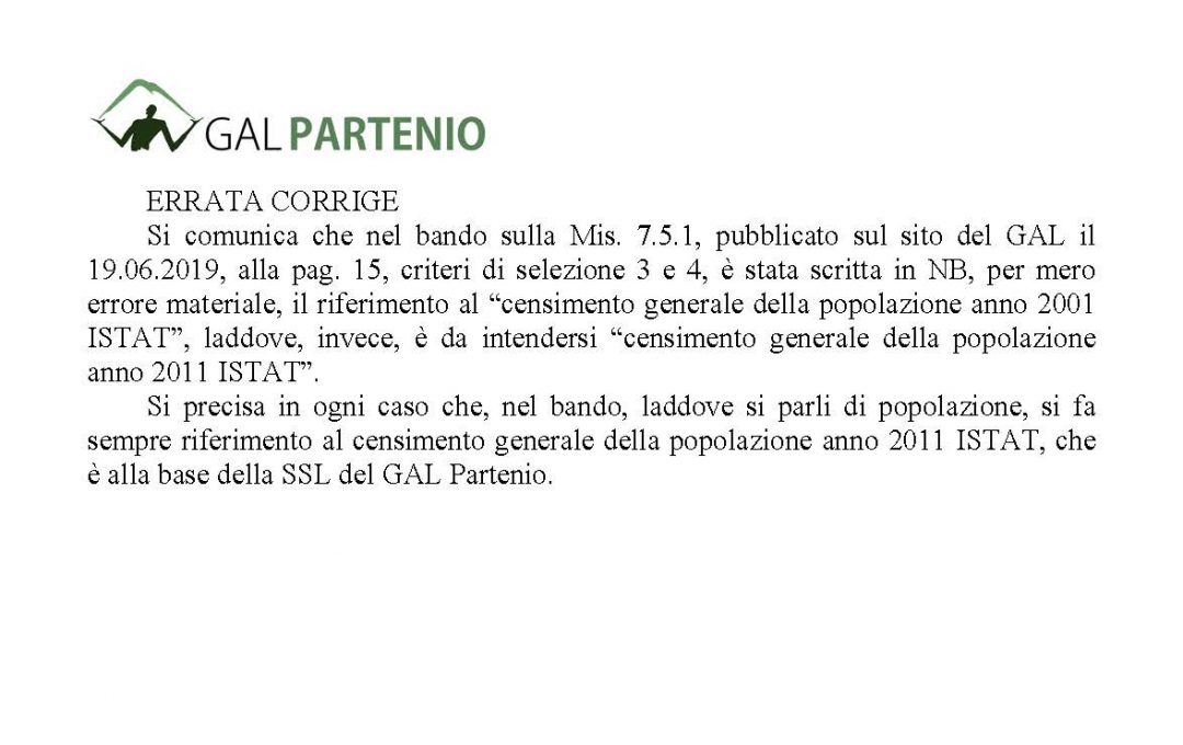 PSR 2014/2020 GAL PARTENIO T.I 7.5.1 – ERRATA CORRIGE