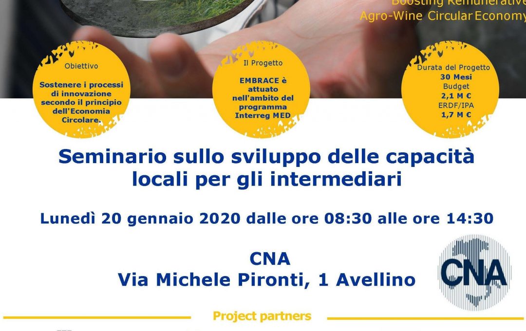 20.01.2020 – Progetto Embrace –  Seminario sullo sviluppo delle capacità locali per gli intermediari – Avellino ore 08:30