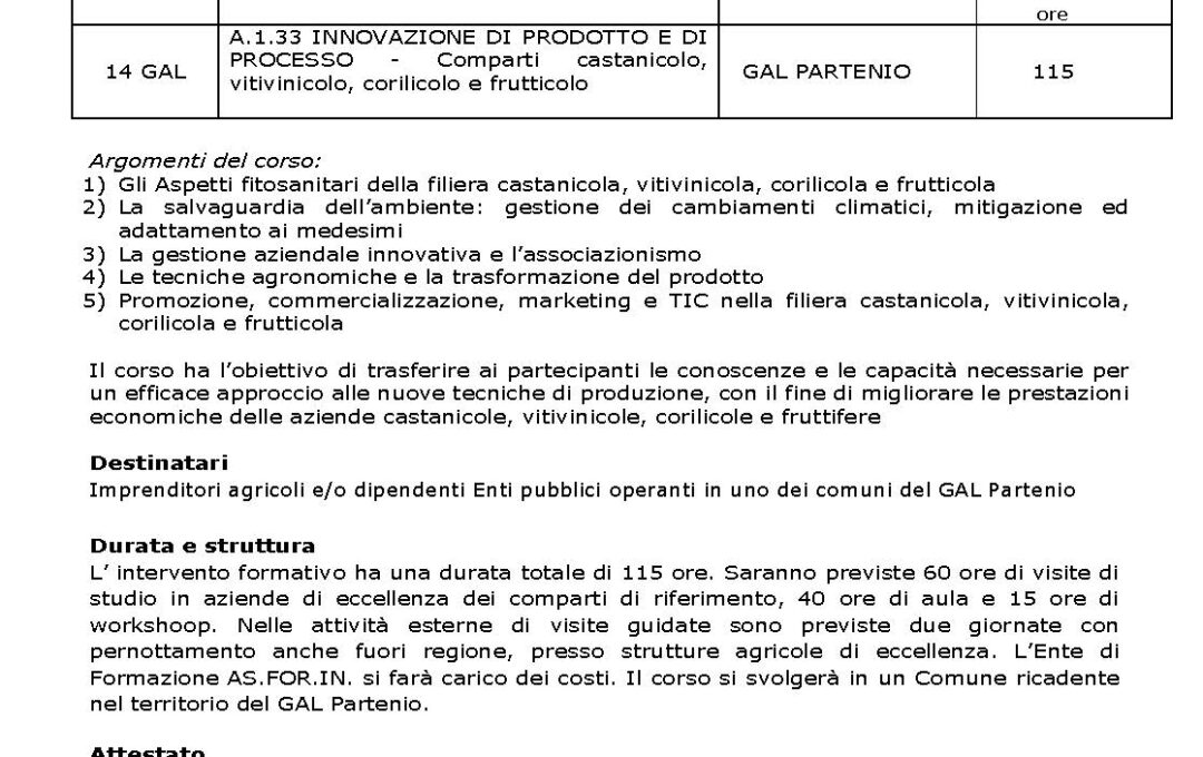 P.S.R. Campania 2014 – 2020 Misura. 01“Trasferimento di conoscenze e azioni di informazione”- Cod. Corso 14 Gal – A.1.33 INNOVAZIONE DI PRODOTTO E DI  PROCESSO – Comparti castanicolo,  vitivinicolo, corilicolo e frutticolo