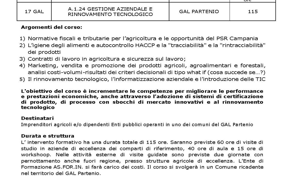P.S.R. Campania 2014 – 2020 Misura. 01“Trasferimento di conoscenze e azioni di informazione” – Cod Corso 17 GAL – A.1.24 GESTIONE AZIENDALE E RINNOVAMENTO TECNOLOGICO