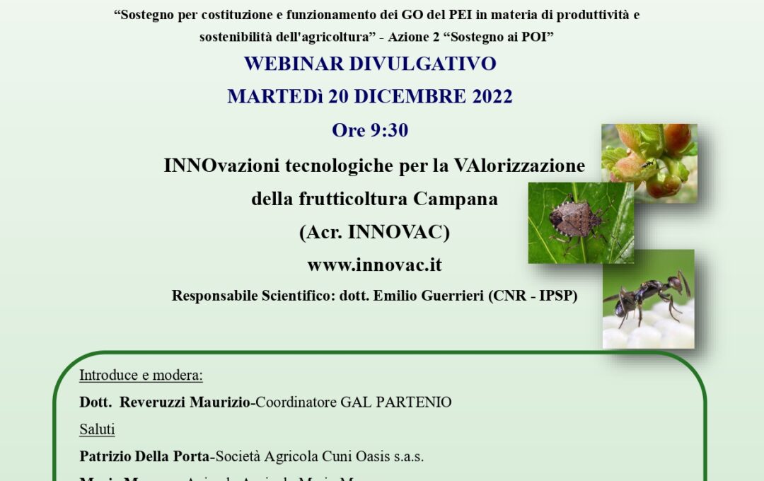PSR CAMPANIA 2014-2020 – T. I.16.1.1- WEBINAR DIVULGATIVO MARTEDI’ 20 DICEMBRE 2022 Ore 9:30 – PROGETTO INNOVAC