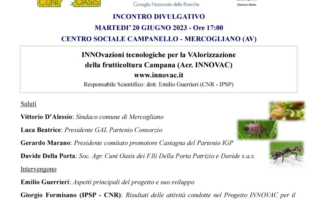 PSR CAMPANIA 2014/2020 – T.I. 16.1.1 AZ. 2 – PROGETTO INNOVAC – INCONTRO DIVULGATIVO – MARTEDI’ 20 GIUGNO 2023 ORE 17:00 – CENTRO SOCIALE CAMPANELLO A MERCOGLIANO