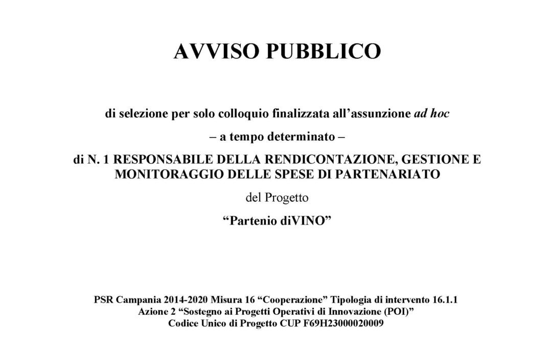 PSR CAMPANIA 2014/2020 – T.I. 16.1.1 AZ. 2 – AVVISO PUBBLICO DI SELEZIONE N.1 RESPONSABILE DELLA RENDICONTAZIONE, GESTIONE E MONITORAGGIO DELLE SPESE DI PARTENARIATO PROGETTO “Partenio diVINO”