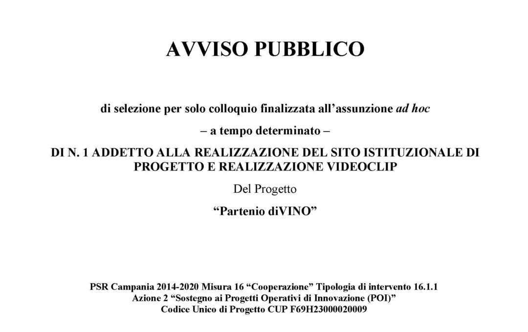 PSR CAMPANIA 2014/2020- T.I. 16.1.1 AZ. 2 – AVVISO PUBBLICO DI SELEZIONE DI N. 1 ADDETTO ALLA REALIZZAZIONE DEL SITO ISTITUZIONALE DI PROGETTO E REALIZZAZIONE VIDEOCLIP DEL PROGETTO “Partenio diVINO”