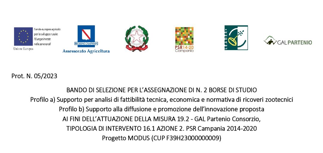 Psr Campania 2014/2020 – T.I. 16.1.1 AZ 2 – Bando di selezione per l’assegnazione di n. 2 borse di studio Profilo a) Supporto per analisi di fattibilità tecnica, economica e normativa di ricoveri zootecnici – Profilo b) Supporto alla diffusione e promozione dell’innovazione proposta – Progetto Modus