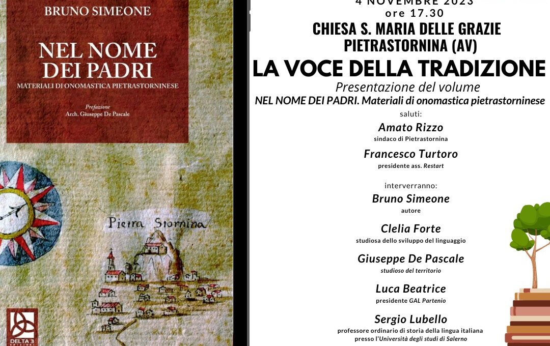 LA VOCE DELLA TRADIZIONE – PRESENTAZIONE DEL VOLUME NEL NOME DEI PADRI – MATERIALI  DI ONOMASTICA PIETRASTORNINESE – 4 NOVEMBRE 2023 ORE 17:30 – CHIESA S. MARIA DELLE GRAZIE PIETRASTORNINA