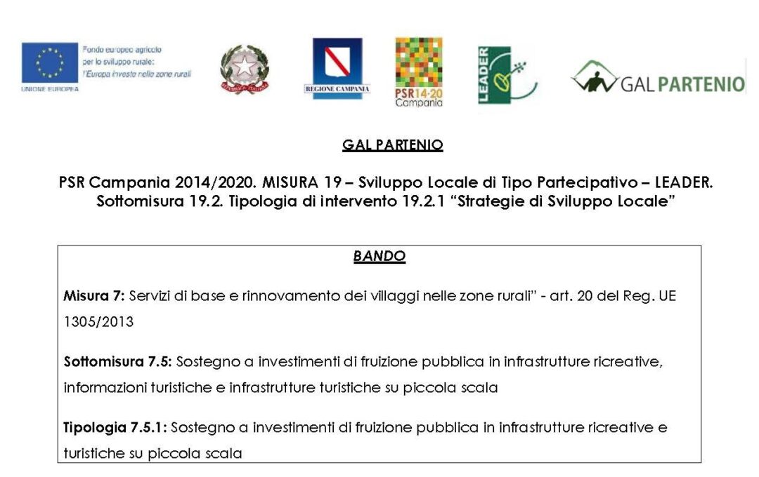 PSR 2014/20 GAL PARTENIO CONSORZIO T.I. 7.5.1 – APERTURA BANDO 12/04/2024 – CHIUSURA BANDO 13/05/2024