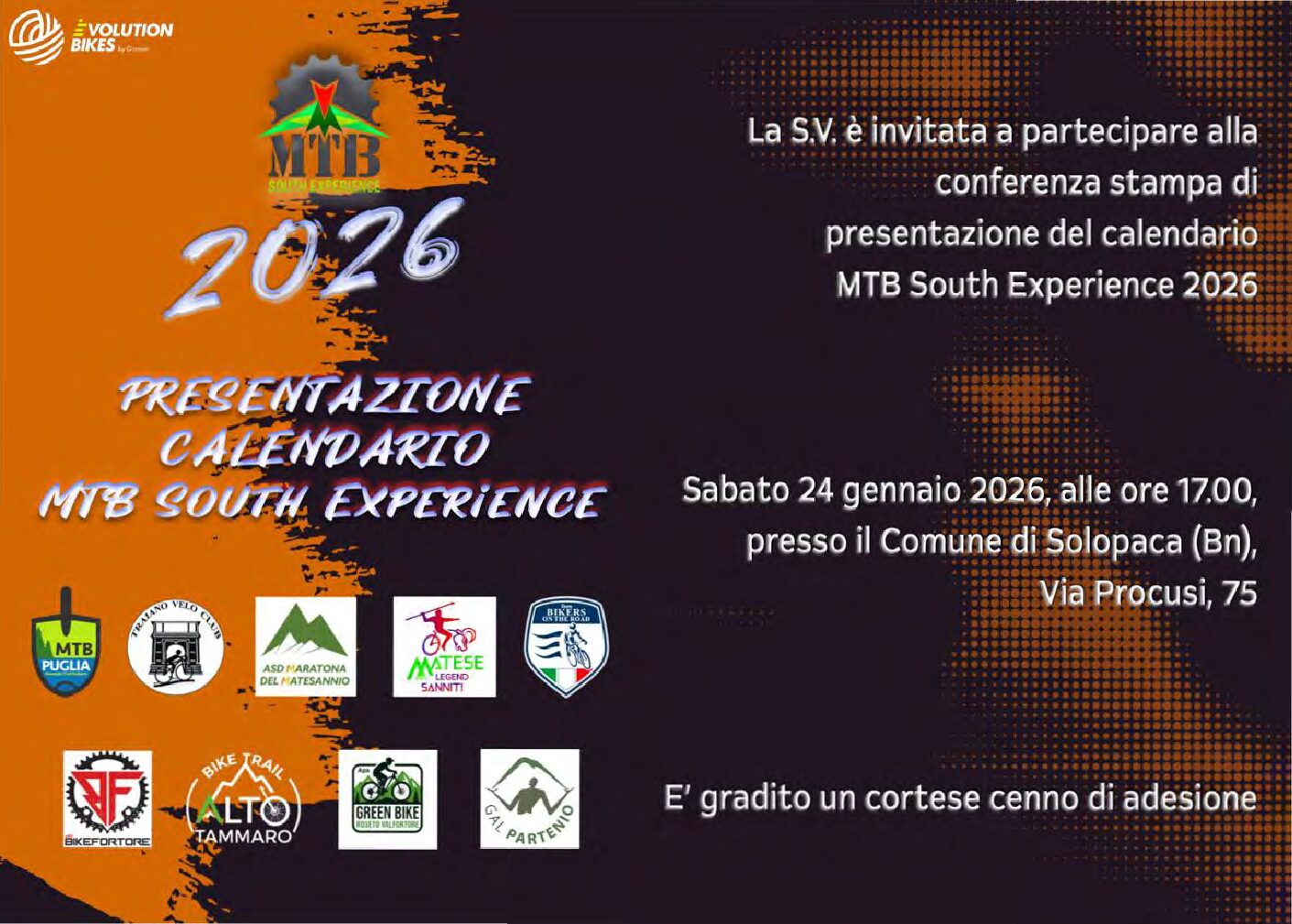 CONFERENZA STAMPA PRESENTAZIONE DEL CALENDARIO MTB SOUTH EXPERIENCE 2026 – 24 GENNAIO 2026 – VIA PROCUSI N.75 COMUNE DI SOLOPACA(BN) ORE 17:00
